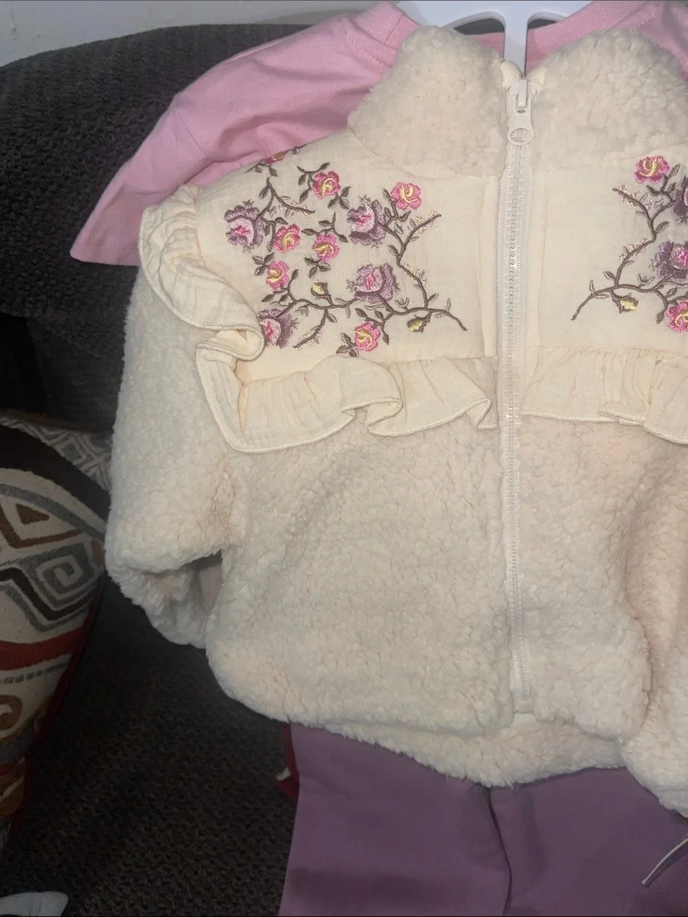 BearPaw Cream Sherpa Jacket with Pink Floral Embroidery & Lavender Pants